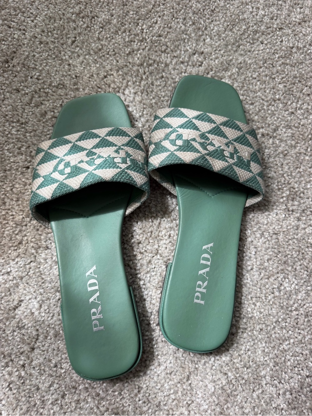 Prada Green Leather Slide Sandals with Patterned Jacquard Strap - Picture 1 of 4